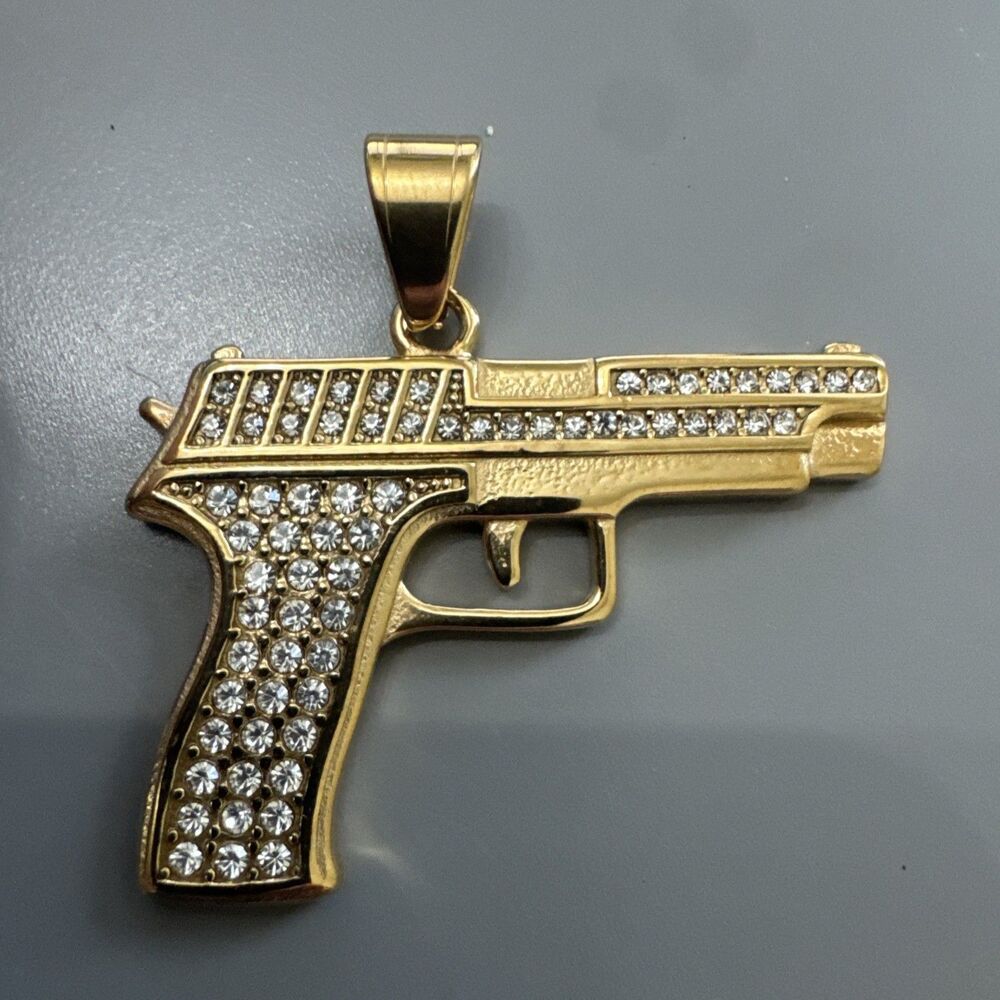 Stainless Steel Pendant Gun Glock Hip Hop Cubic Zirconia 24” Chain Gold Plated